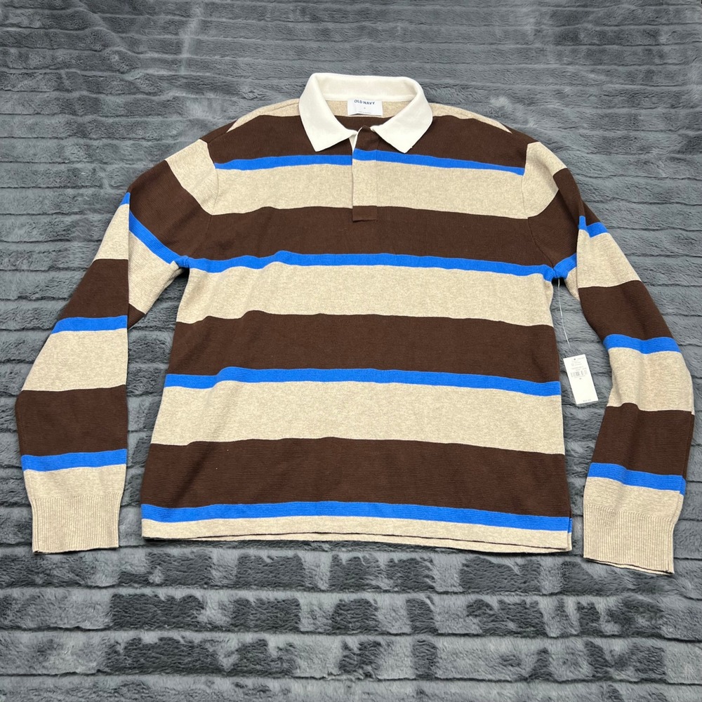 Old Navy Mens Striped Rugby Polo Sweater Brown Blue Tan 787292-02-1 Size M